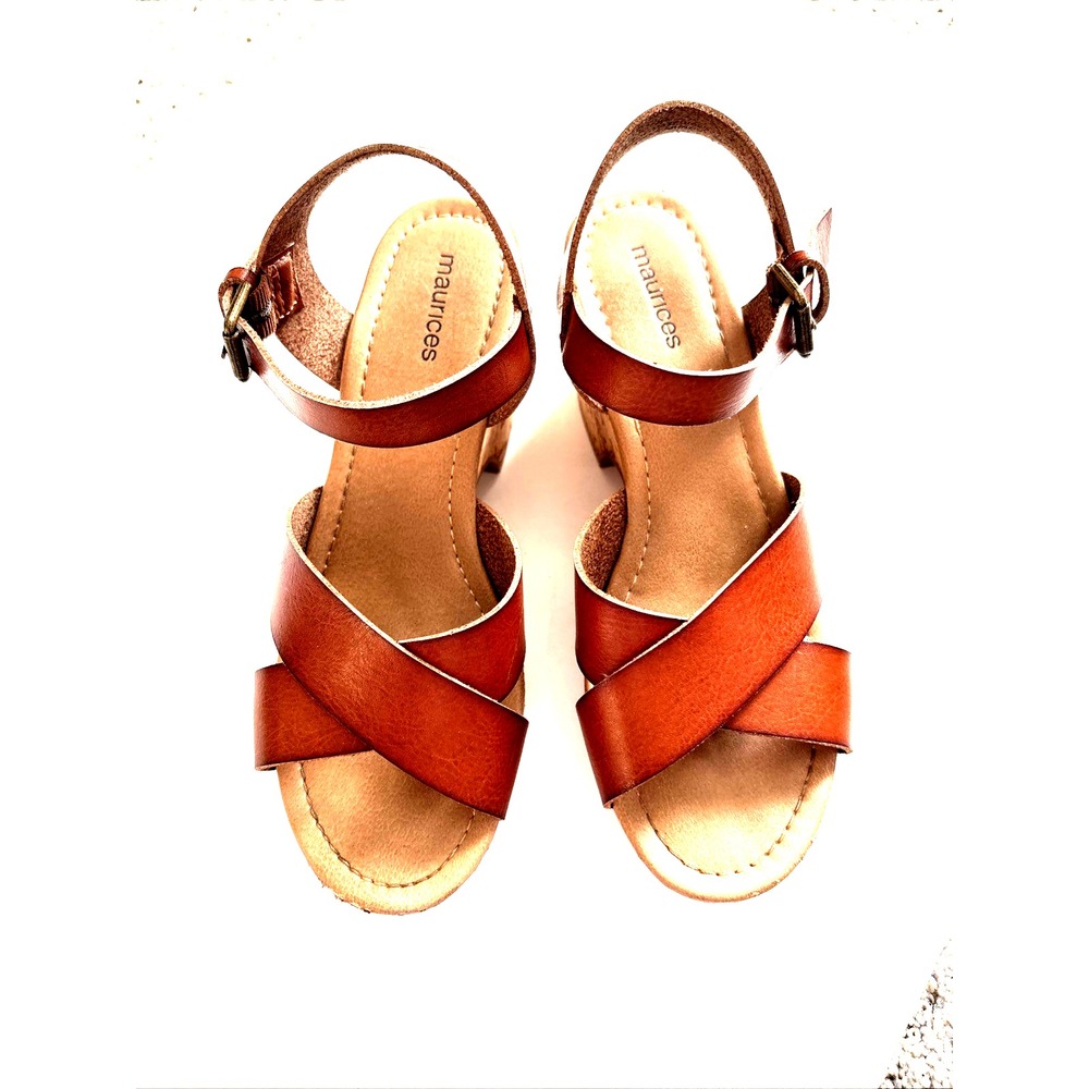 Maurice's Fiona Cognac wedge strappy platform sandals, Size 6.5M